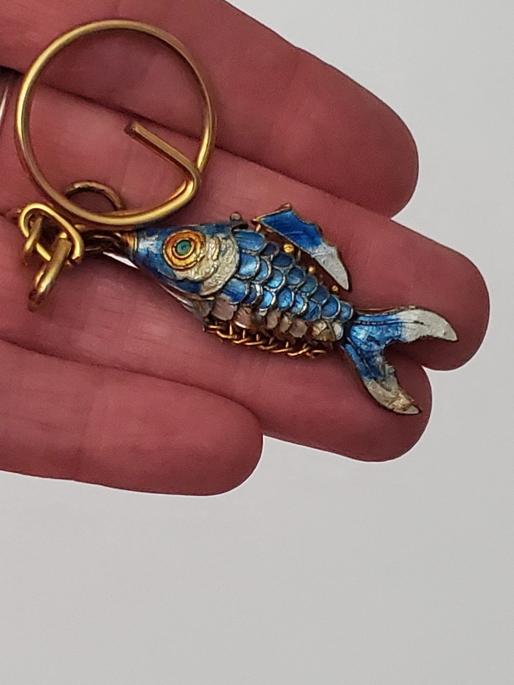 Vintage Cloisonne Koi Fish Articulated Necklace Pendant Key Chain Blue Gold Asia